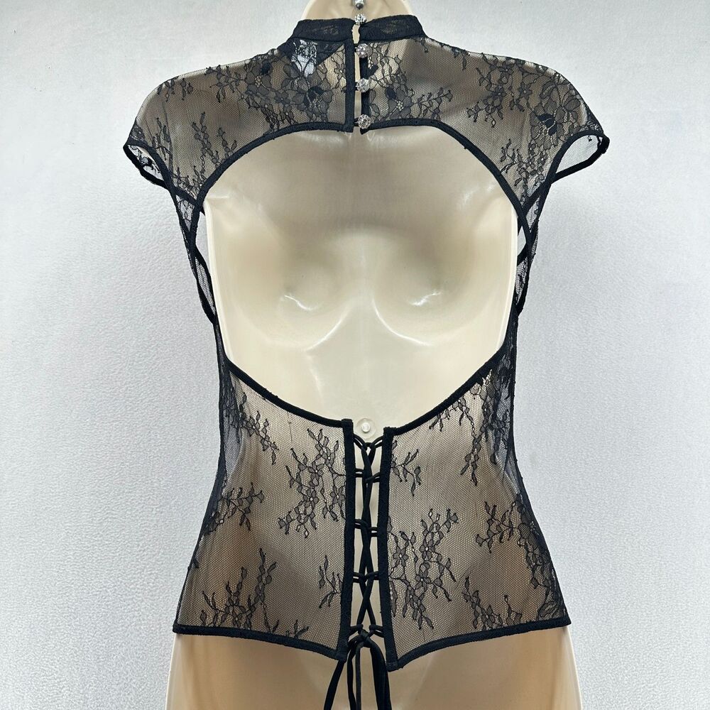 Kim Shui Beaded Dragon Lace Top Size M Black Sheer Mesh Y2K Style Open Back Tie - Picture 10 of 16